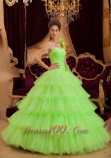 Layer Spring Green Sweet 16 Dress One Shoulder Handmade Flower