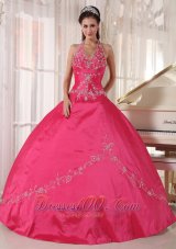 Red Quinceanera Dress Halter Taffeta Appliques