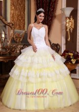 Light Yellow Organza Lace Appliques Quinceanera Dress