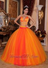 Beaded Tulle V-neck Orange Red Quinceanera Dress