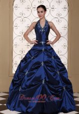 Halter Top Navy Blue Quinceanera Dress Embroidery With Beading