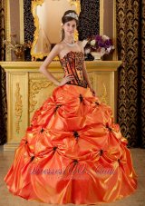 Taffeta Orange Dresses for A Quince Pick-ups and Embroidery