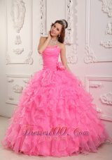 Rose Pink Quinceanera Dresses Gowns Organza Beading Flower