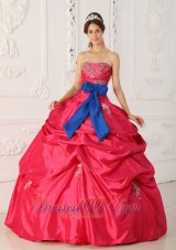 Beading and Sash Coral Red Quinceanera Gowns Dresses Taffeta