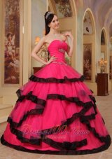 Coral Red and Black Quinces Dresses Strapless Organza Appliques
