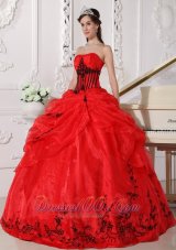 Red and Black Organza Appliques Ball Gown Dress for 15