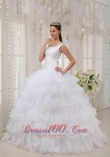 White Scoop Quinceanera Dress Satin and Organza Appliques