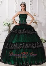 Dark Green Dresses for Quince Ball Gown Taffeta and Tulle Appliques