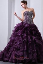 Organza Dark Purple Princess Beading and Ruffles Quinceanea Dress