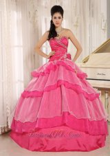 Beaded and Ruch Hot Pink Ruffled Layers Quinceanera Dress