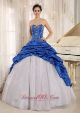 Blue and White Quinceanera Dress With Embroidery and Pick-ups
