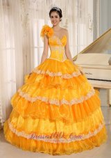 Flowers One Shoulder Appliques and Ruffled Layers Quinceanera Dress