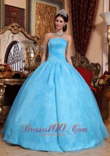 Organza Aqua Blue Quinceanera Dress Strapless Appliques