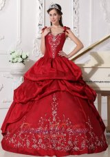 Straps Wine Red Quinceanera Dress Taffeta Embroidery