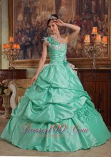 One Shoulder Apple Green Quinceanera Dress Flowers Taffeta