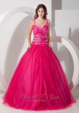 Spaghetti Straps Hot Pink Tulle Beading Dresses Of 15