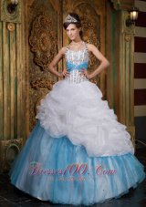 Halter White and Blue Princess Beading Quinceanera Dress