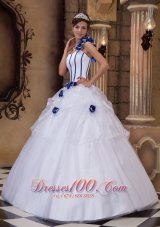 One Shoulder White Ball Gown Satin and Tulle Flowers Dress
