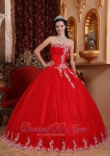 Strapless Tulle Lace Appliques Red Quinceanera Dress