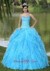 Ruffles Beaded Layered Aqua Blue Designer Quinceanera Dress