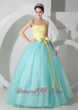 Aqua Blue and Yellow Sash and Ruch Organza Quince Dresses
