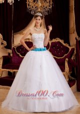 2013 White Satin Sash Beading Quinceanera Gown