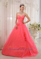 Watermelon Red Beading Quinceanera Dress Flower Tulle