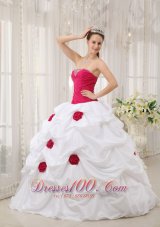 Hot Pink and White Hand Made Flower Quinceanera Dress