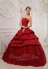 Wine Red Ruffles Taffeta Strapless Dress for Quinceanera