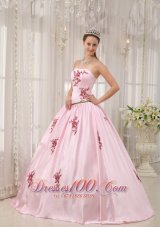 Pink Taffeta Quinceanera Dress Appliques Floor-length