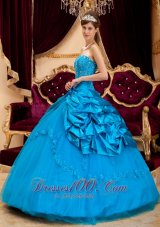 Teal Appliques Strapless Floor-length Quinceanera Dress