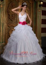 White Sweet 16 Dress Halter Pink Sash Beading Floor-length