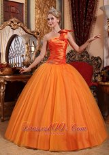 Orange Tulle One Shoulder Bow Ruch Quinceanera Dress Beaded