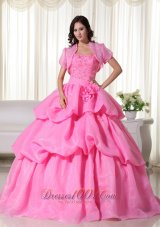 Rose Pink Strapless Beading Hand Flowers Quinceanera Dress