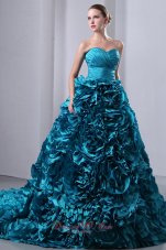 2013 Teal Ruch Hand Flowers Brush Train Sweet 16 Dress