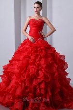 Red Beading Ruffles Brush Train Sweet 16 Dress