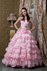Baby Pink One Shoulder Ruffled Layers Quinceanera Dress