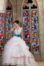 White Halter Bead Blue Sash Quinceanea Dress for Sweet 16