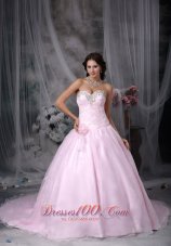 Pink Appliques Hand Flowers Chapel Train Quinceanea Dress