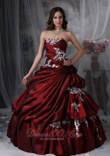 Wine Red Strapless Appliques Taffeta Quinceanea Dress