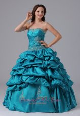 Turquoise Ruch Bead Pick-ups Floor-length Quinceanea Dress