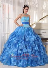 Blue Appliques Paillette Floor-length Quinceanea Dress