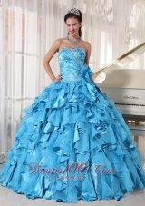 Aqua Blue Quinceanera Dress Beading Hand Flower