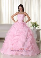 Pink Bead Floor-length Quinceanera Dress Strapless Organza Puffy