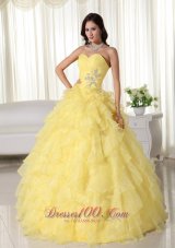 Yellow Appliques Beading Quinceanera Dress Zipper-up Sweetheart