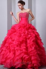 Coral Red Ruffles Beading Quinceanea Dress A-Line Sweetheart