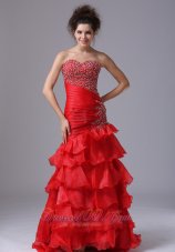 Mermaid Bright Red Ruffled Asymmetrical Prom Pageant Dress