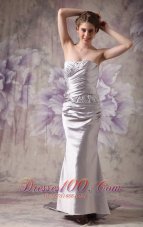 Silver Strapless Evening Dress Taffeta Beading Brush Train