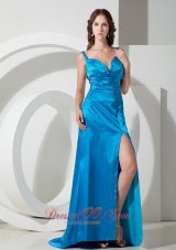 High Split Sky Blue Column Straps Beading Prom Evening Dress