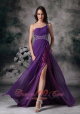 Side Slit Purple One Shoulder Prom Dress Chiffon Beading